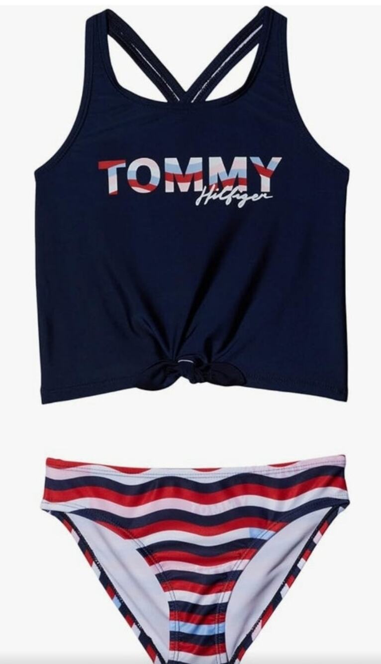 TOMMY HILFIGER Big Girls Logo Wave Print Tankini, 2 Piece Set L